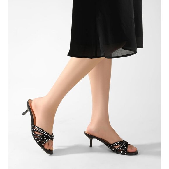 Nude Black Heels for Womens Strappy Low Kitten Heels Open Toe Dress Sandals - Picture 6 of 7